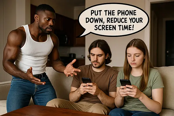 A man tries to advise his two friends to put down their phones and reduce screen time, but they are ignoring him, completely absorbed in doomscrolling. Illustrates the precontemplation stage of change for digital wellness.