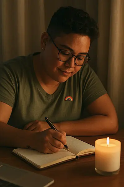 A person journals by candlelight, reflecting on their journey to overcome shame in asking for help.