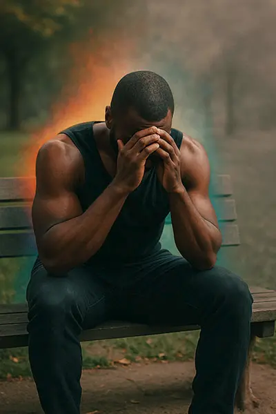 A man on a park bench, their vibrant aura fading to gray, reflecting the emotional toll of outgrowing relationships
