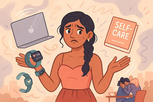 A person overwhelmed by self-improvement tools, capturing the psychological fatigue of constant self-optimization
