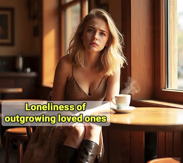 A person reflects quietly at a café, as soft sunlight highlights their thoughtful expression capturing the loneliness of outgrowing loved ones
