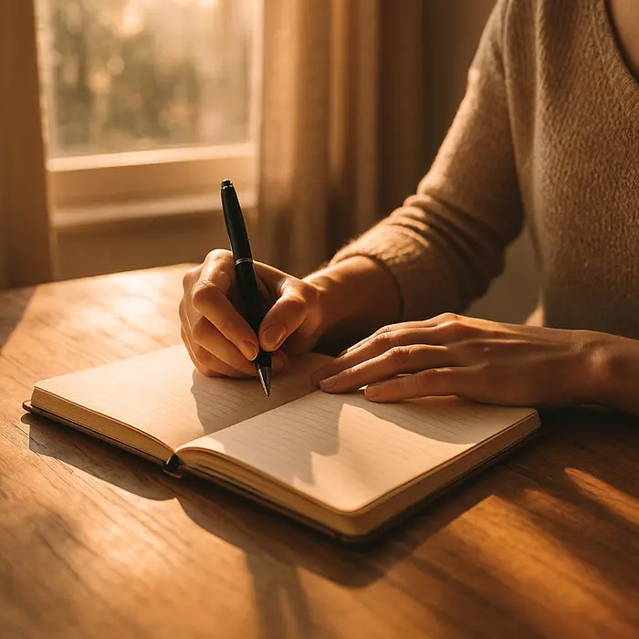 A person writing in a journal, soft sunlight streaming through a window