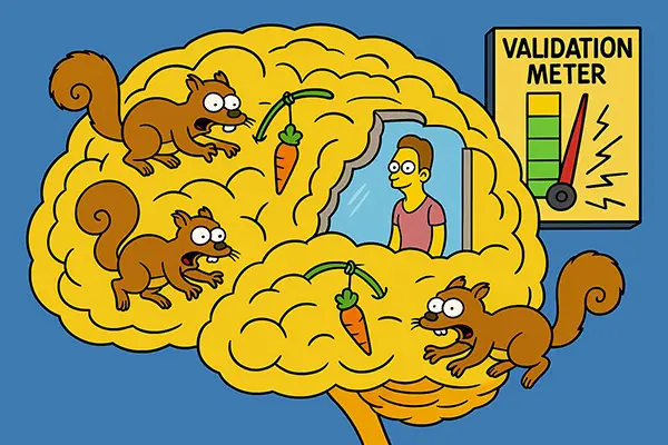 ADHD and validation needs: fun cartoon illustrating why external approval feels essential, with humorous nods to impulsivity and emotional swings.