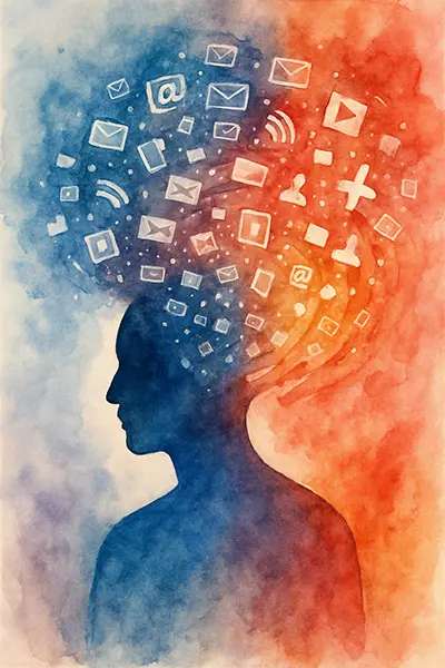 Abstract art of mind overwhelmed by digital input, symbolizing constant information overload and loss of mental clarity