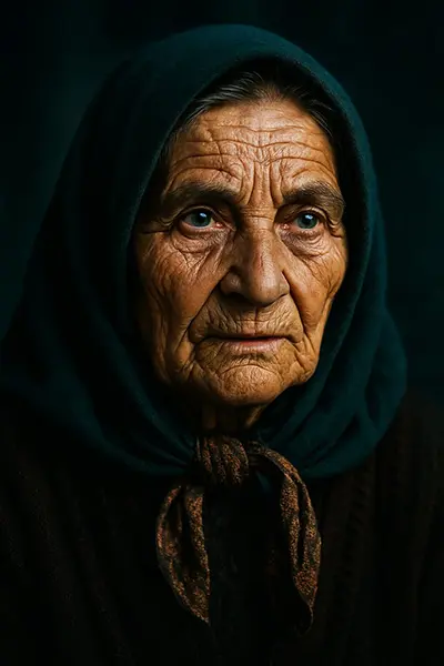 An elderly religious woman looking spiritually exhausted and broken, surrounded by prayer books. Represents the hidden pressure of religious self-improvement anxiety and striving for perfect piety.