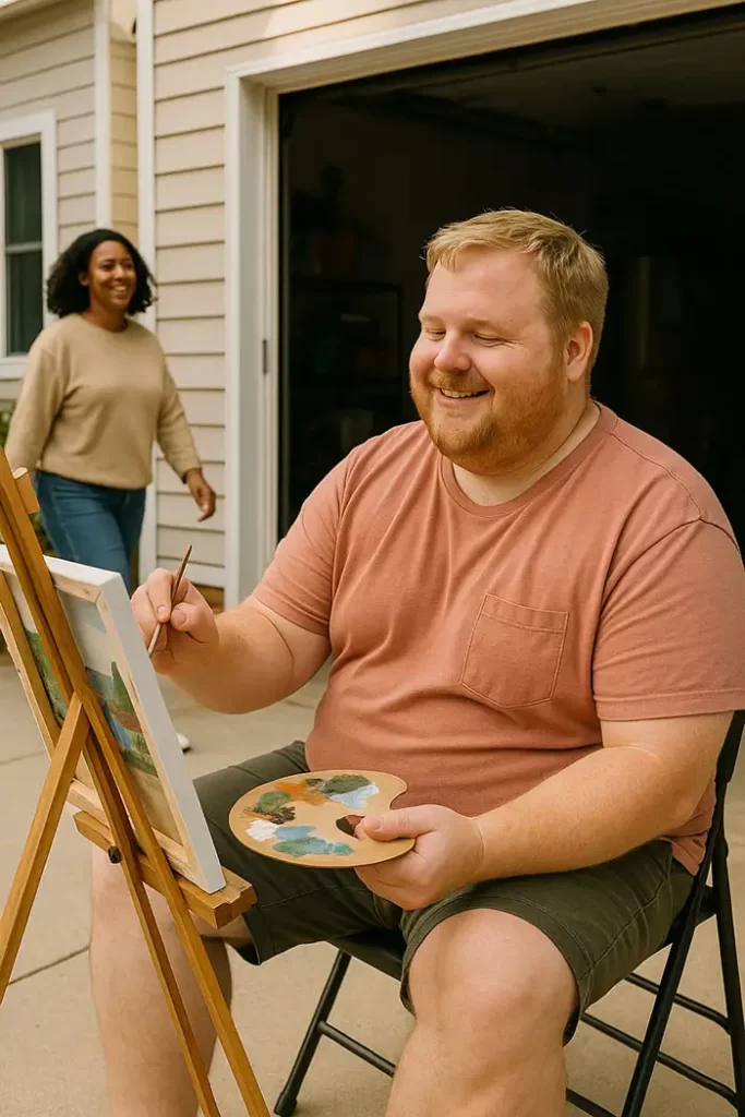 Artist finding purpose through creative expression in a cozy studio