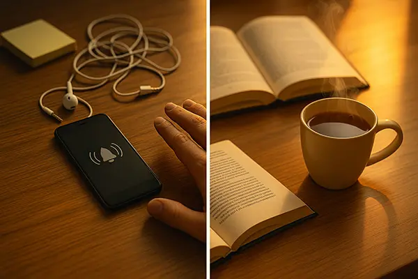 Bad habits worsening silence anxiety buzzing phone vs. calm tea swap for better quiet tolerance.