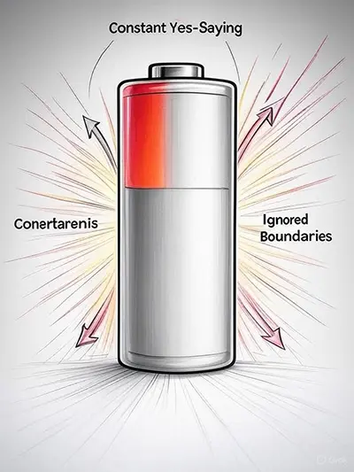 Battery drain illustrating why people-pleasing is emotionally exhausting.