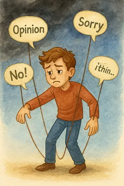 Behaviors of validation seeking: artistic view of over-apologizing and opinion obsession tying into shame and confidence loss.