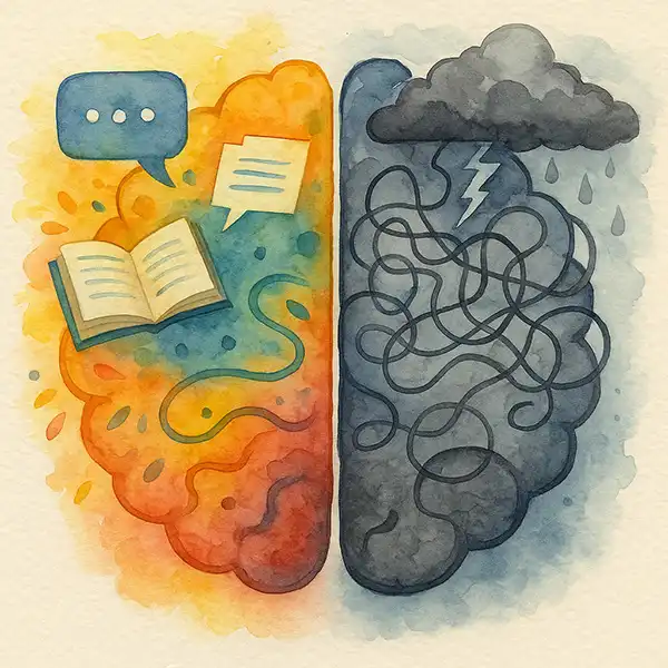 Brain during self-help burnout: vibrant ideas fading into fatigue, great for understanding emotional overload in personal growth.