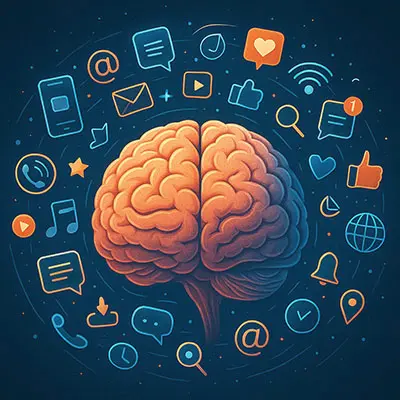 Brain overloaded with digital info, keyword: cognitive stimulation