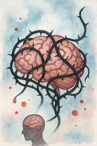 Brain wrapped in thorny doomscrolling vines dripping anxiety, symbolizing root causes and nervous system strain