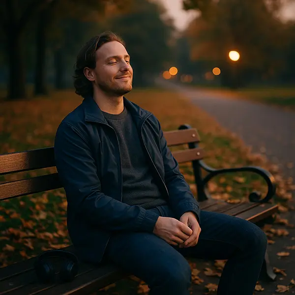 Breaking self-help cycle story: serene park bench moment after ditching advice overload, capturing real-life recovery from burnout.
