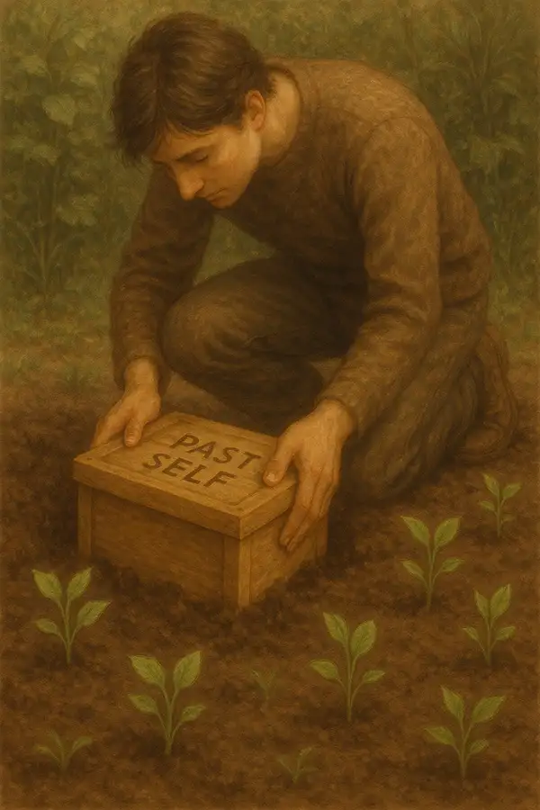 Burying past self in garden, symbolizing grief and growth how to mourn old versions for personal evolution.