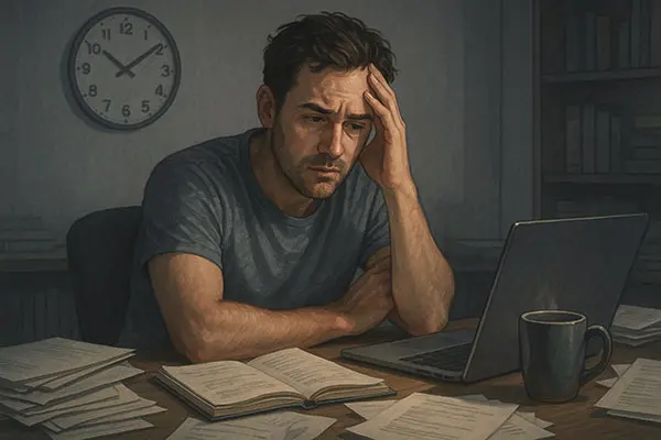 A stressed individual overwhelmed by work, illustrating the psychological fatigue of constant self-optimization.