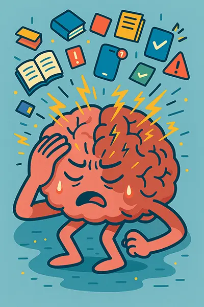 Cartoon brain overload stats: raining advice sparking fatigue, visualizing research on burnout