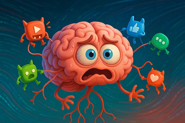 Cartoon brain overwhelmed by app monsters, capturing why digital input causes easy mental fatigue and attention drain