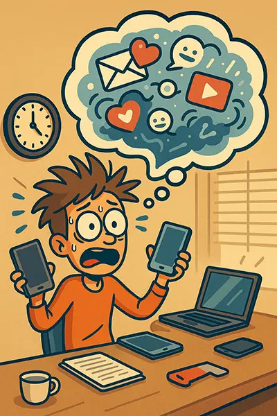  Cartoon character overwhelmed by digital devices, capturing the chaos of constant input and information overload.