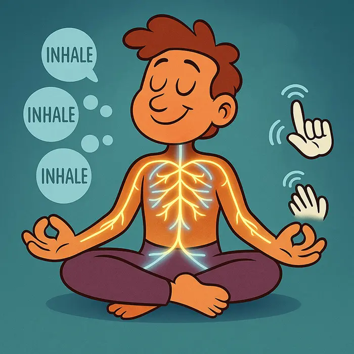 Cartoon character soothing nerves with breath and taps practical tools for asking help without burden fear