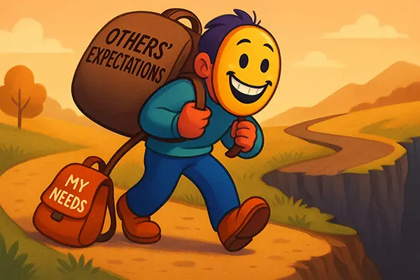 Cartoon depicting people-pleasing as carrying others' loads, highlighting fatigue and imbalance