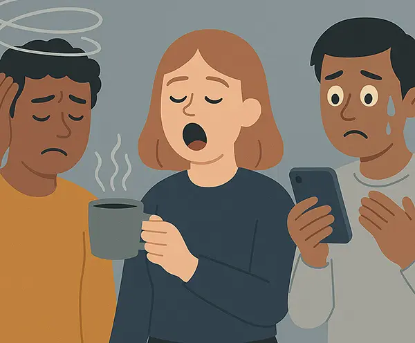 Cartoon depictions of people facing digital overstimulation symptoms including anxiety, fatigue, and poor focus from constant tech use