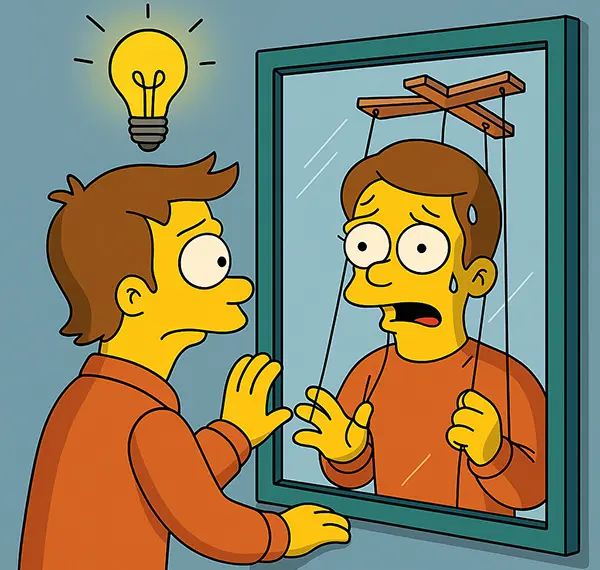 Cartoon illustrating recognizing people-pleasing patterns in daily life, sparking recovery awareness