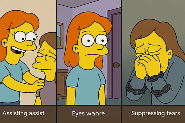 Cartoon stages of hypervigilance to suppression in emotional burnout cycle, showing progression from help to hide.