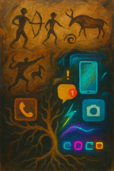 Cave art evolving into doomscrolling phones, roots digging into psychological causes blend of ancient and modern vibes