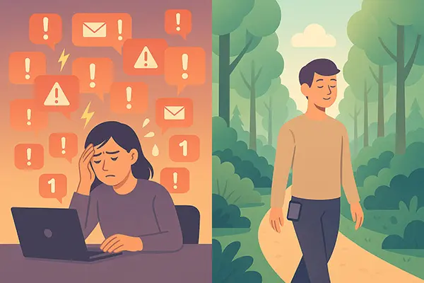 Chaotic notifications vs peaceful unplug spotting overload in daily life