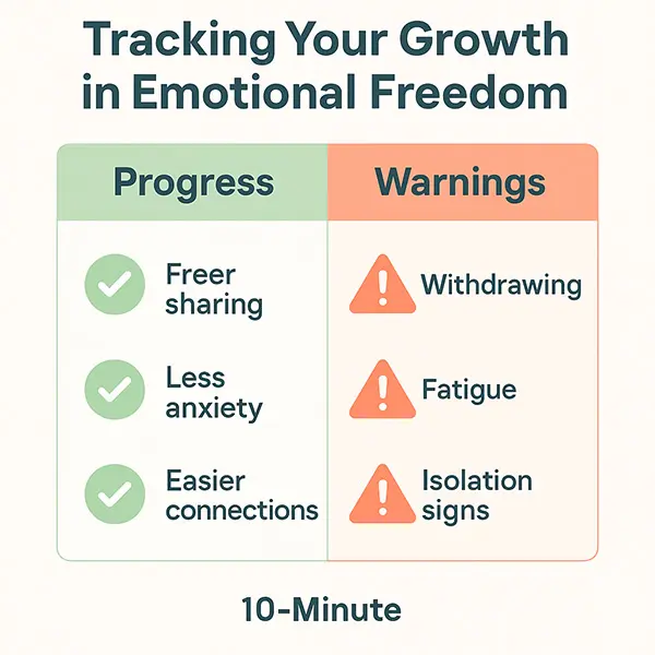 Checklist: Progress signs (freer sharing, less anxiety) vs Warnings (withdrawing, fatigue)