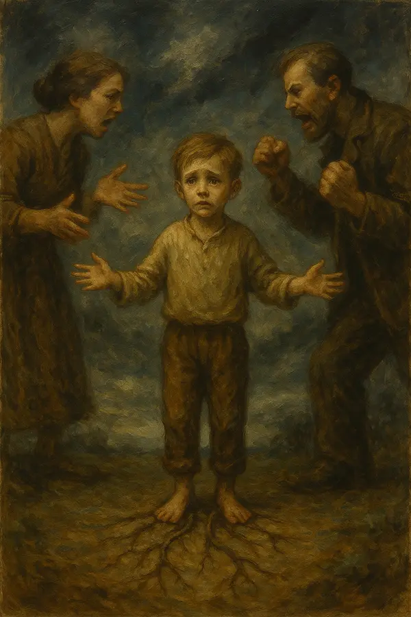 Child calming family storm, roots symbolizing childhood patterns fueling emotional caretaking burnout.
