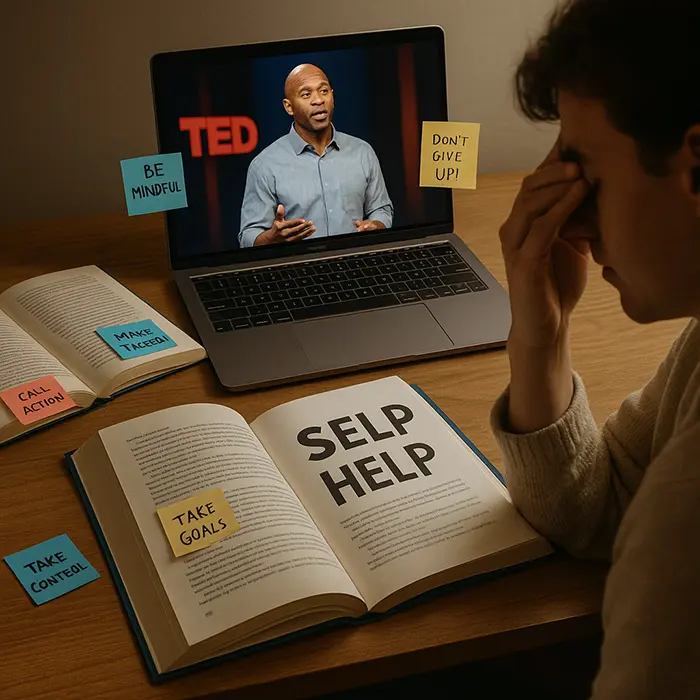 Cluttered workspace symbolizing self-help burnout from too much advice, ideal for identifying emotional fatigue in growth journeys