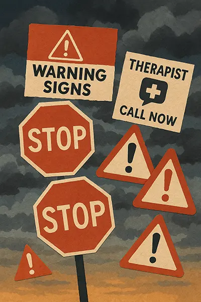 Collage red flags prolonged burnout: stormy signs urging professional help, capturing deeper issue alerts.