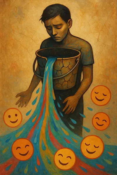 Leaking bucket symbolizing feeling empty after people-pleasing interactions