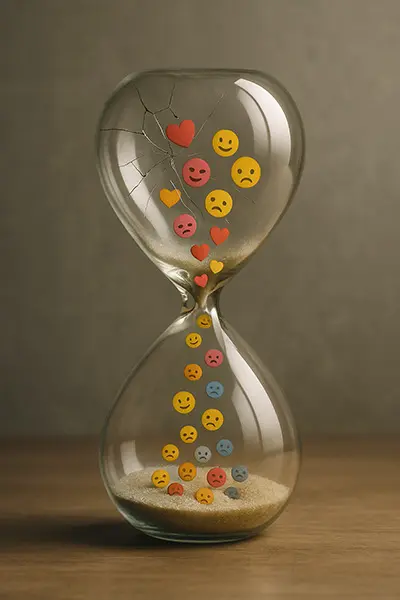 Cracked hourglass showing emotional exhaustion draining away energy in people-pleasing