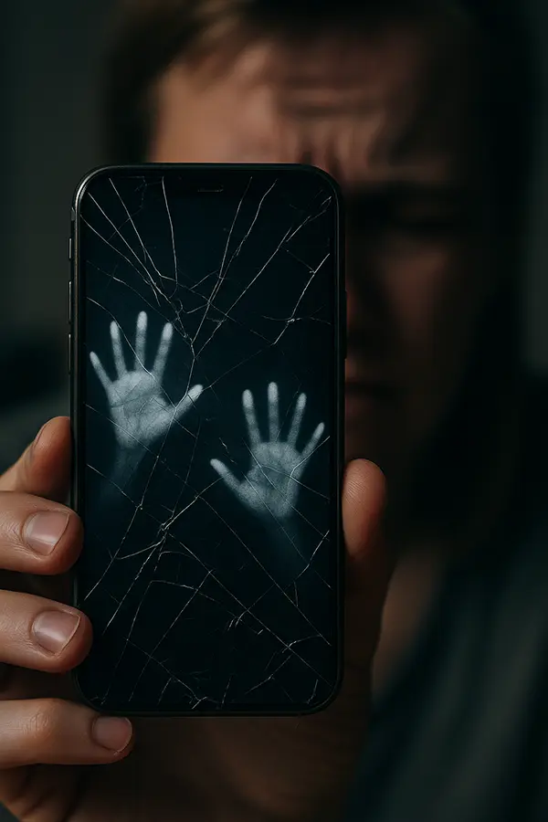 "Cracked phone symbolizing habits leading to emotional fatigue from constant availability"