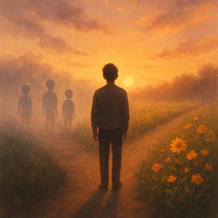 Crossroads of past and future selves, evoking the quiet grief in personal evolution why does growth hurt?