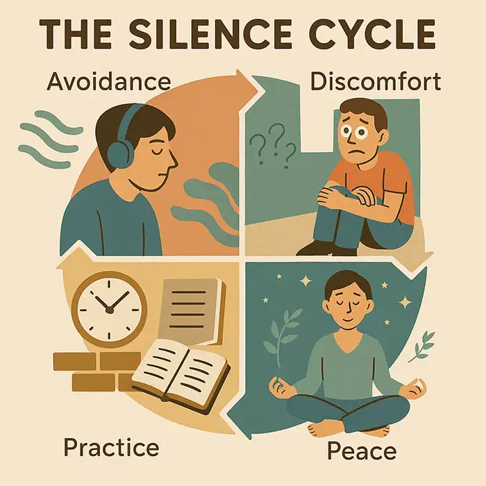 Cycle from avoiding silence to peaceful embrace 4 stages with tips to build quiet tolerance step by step