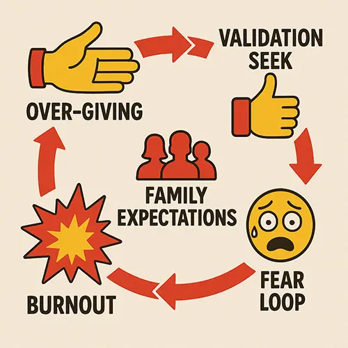 Cycle of over-giving to emotional burnout, with icons for causes like expectations and fear, for visual learning.