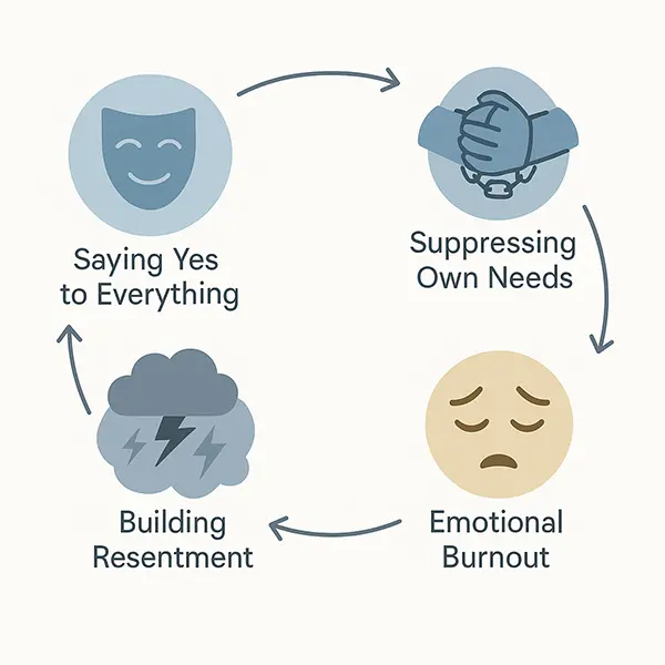 Cycle of people-pleasing fatigue illustrating emotional drain from constant niceness leading to burnout