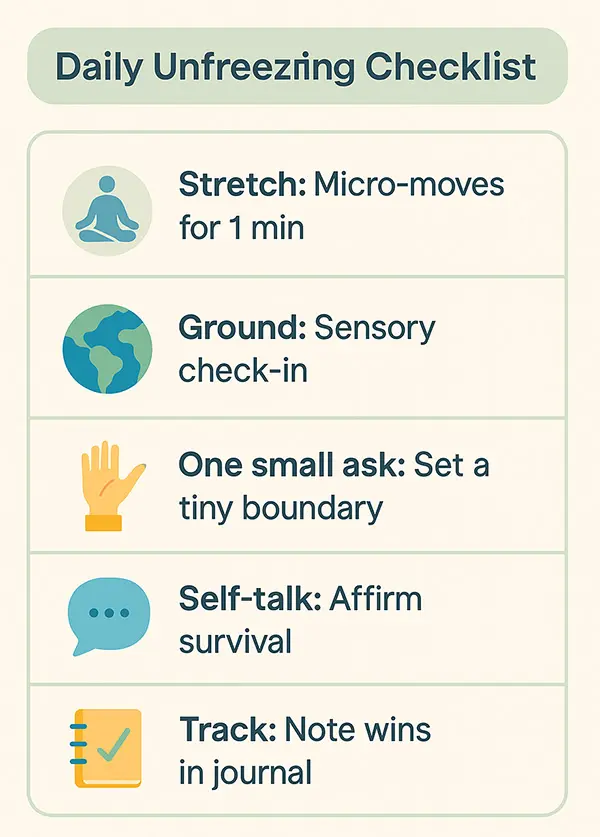  Daily Unfreezing Checklist (stretch, ground, one small ask, self-talk, track).