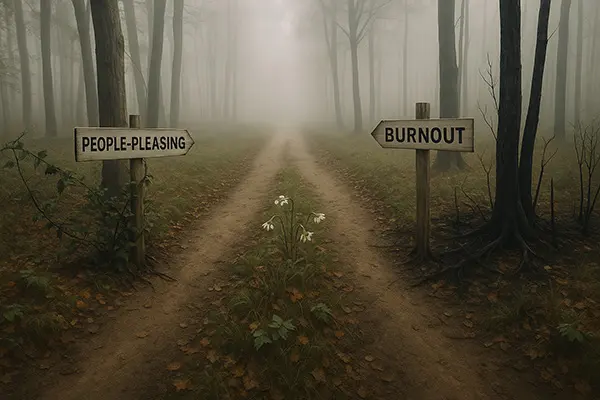 Diverging paths symbolizing differences in people-pleasing fatigue, compassion fatigue, and emotional burnout journeys