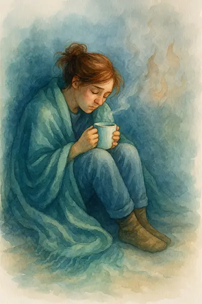 Does self-care help burnout: cozy watercolor scene of rest quenching exhaustion flames, gentle recovery visualization.