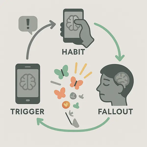Doomscrolling cycle from trigger to habit, with arrows looping into fatigue and a green break for hope