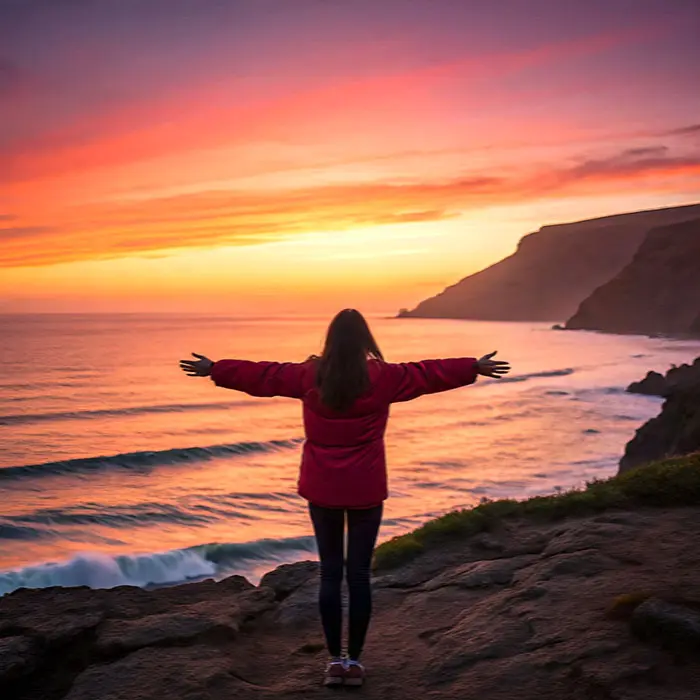 Embracing emotional freedom at a vibrant sunrise