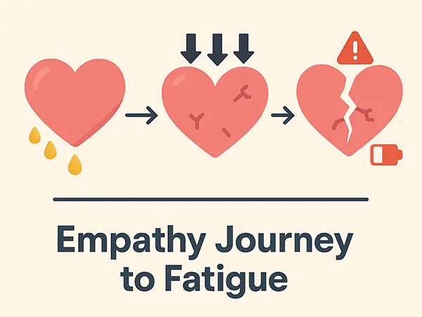 A simple illustration showing the transition from empathy to fatigue with icons of a heart overflowing then cracking.
