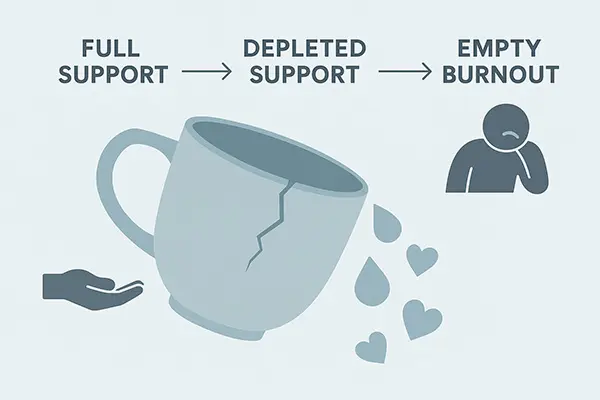 Empty cup metaphor illustrating emotional burnout from over-giving in relationships, showing depletion stages for self-awareness.
