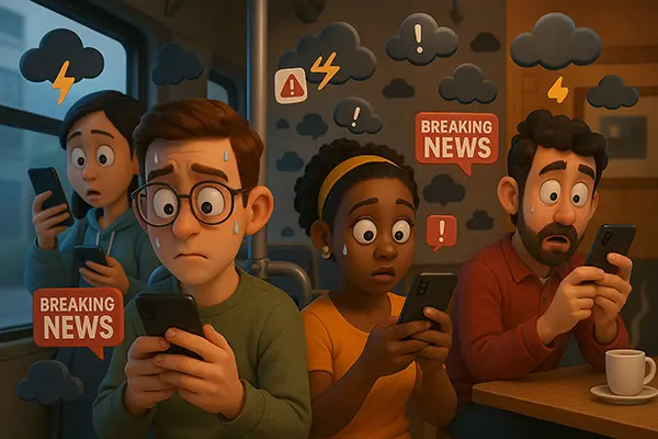 Everyday folks caught in doomscrolling traps amid buses and cafes, with floating bad news icons stirring anxiety