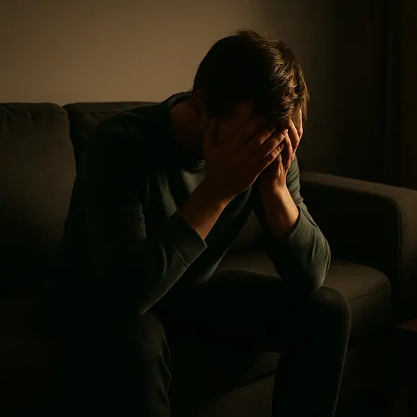 Exhausted person after emotional suppression cycle leading to burnout from fear.