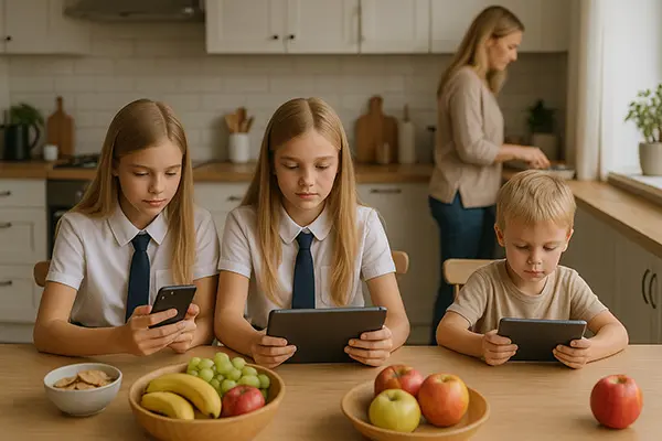 Family digital overload: Teenage sisters and younger brother doomscrolling on phones and tablet at home, disconnected despite being together. Mother in background preparing food.